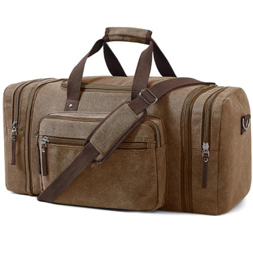 EKOROMIER 70L Large Canvas Travel Holdall for Men – Expandable Duffel Bag – Extra Spacious Weekend Bag for Holidays, Gym & Long Trips – Coffee
