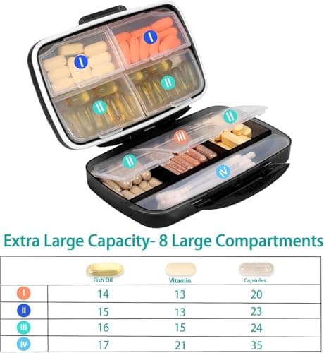 Fullicon Travel Pill Box Organiser Large Portable, Oversize 8 Compartment Pill Boxes/Holder, Vitamin/Medication Case - Airtight & Moistureproof (Black) (Pack of 2) — view 2