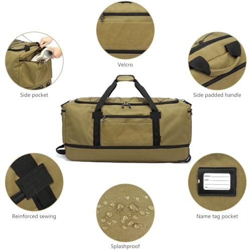 Laripwit Foldable Duffle Bag with Wheels 130-170L Expandable Giant Rolling Duffel Bag 36'' Extra Large Wheeled Holdall for Travel Heavy Duty Collapsible Soft Hand Luggage for Camping Storage, Brown — view 6