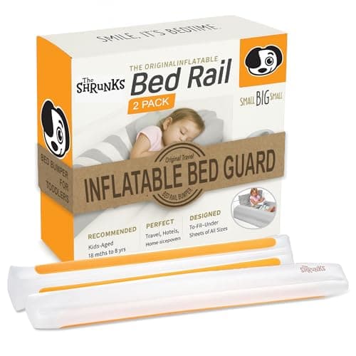 The Shrunks Sleep Security Inflatable Bed Guard (2 Pack) - Safe & Portable Toddler Bed Guard / Cot Bumpers for Travel, Holiday or Home Use, 122x18x10cm fits under Bed Sheet with non-slip grips.