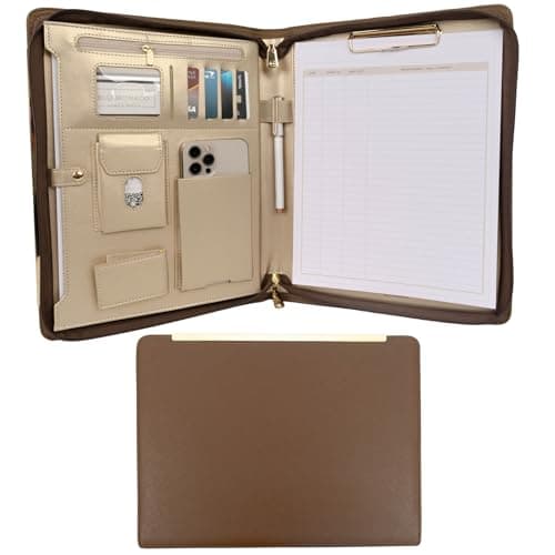 BLU Monaco Brown Vegan Leather Portfolio Binder for Women - Professional Padfolio Work Organizer with Gold Trim, Zippered Business Case for Documents