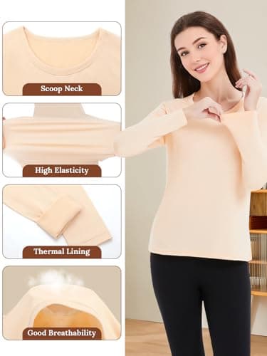 Monbessi Women's Thermal Tops Scoop Neck Ladies Long Sleeve Thermal Vests Thermal Underwear Warm Wicking Thermal Base Layers(L, Beige) — view 4