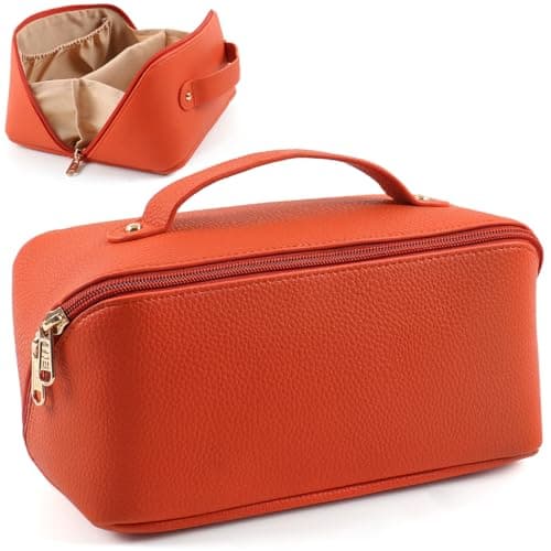 MAMUNU Large Capacity Cosmetic Travel Makeup Storage Bag with Handle Portable Zipper Cosmetic Toiletry Makeup Bag Large with Compartments for Women Girls (Orange)