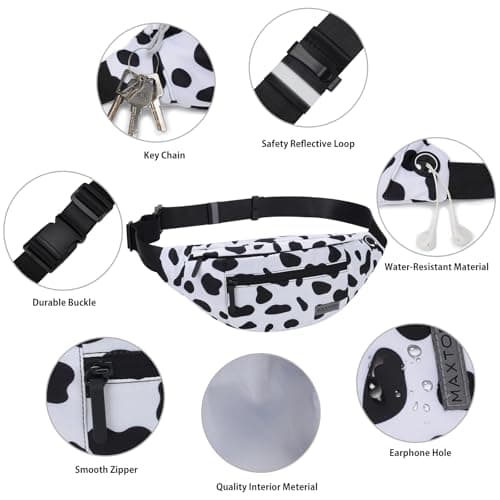 MAXTOP Large Bumbag Waist Fanny Pack Running Belt for Men Women Unisex Bum Bag with Headphone Jack and 4-Zipper Pockets Adjustable Belt for Travel Running Jogging Workout Hiking Gifts Cow Print White — view 4