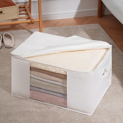 TYEERS Large Storage Bags with Zip and Clear Window, Cotton Blended Fabric Storage Containers for Seasonal Clothes and Bedding, 60x40x35 cm, 2-Pack, Beige — view 4