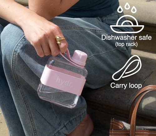 hydr™ v2 Flat Water Bottle For Handbag & Flexible Cleaning Brush | 320ml Tritan BPA Free Slim Travel Water Bottle, small water bottle for handbag (Dusty Pink) — view 6