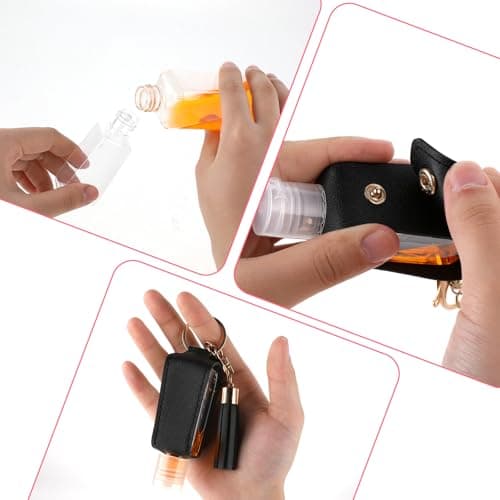 Molain 2 Pcs Hand Sanitizer Keychain 30ml Portable Leather Hand Sanitizer Holder Leakproof Empty Bottles Hand Sanitizer Travel Holder Bottle Refillable for Lotion Liquid Soap Shampoo(Brown,Black) — view 4
