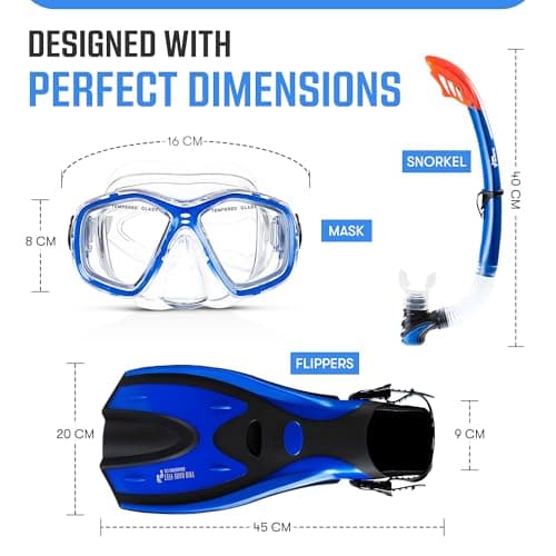 Two Bare Feet Snorkel, Mask and Fins/Flippers PVC Snorkelling Set (Adults) With Anti Fog and Wide View Mask, Anti-Leak, Tempered Glass - Scuba Dive Snorkelling Sets (L/XL (UK9-13), Blue) — view 5
