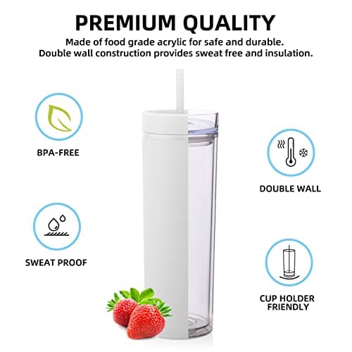 Volhoply 550ML Plastic Skinny Tumbler,Double Wall Tumblers with Lid and Straw,Reusable Iced Coffee Mug,BPA Free Matte Acrylic Water Cups with Straw for Parties,DIY Gifts(White,1 Set) — view 3