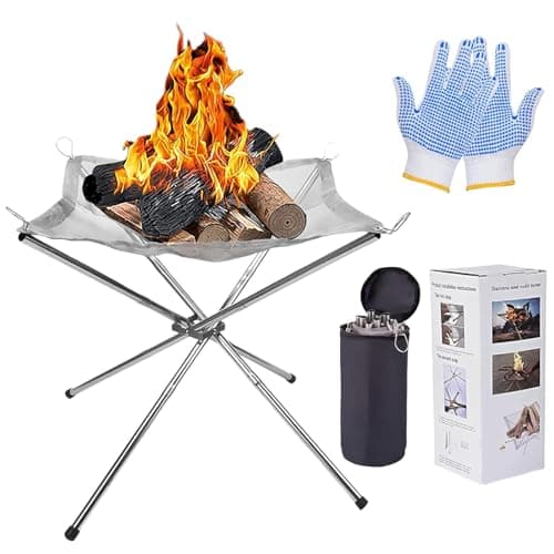 Foldable Fire Pit for Camping, Portable Stainless Steel Mesh Fire Pit Set with Carrying Bag Saving Space for BBQ Heating, Bonfire, Barbecue, Patio, Backyard, Garden (Silver, 16.5 x 16.5 x 13.5 inches)