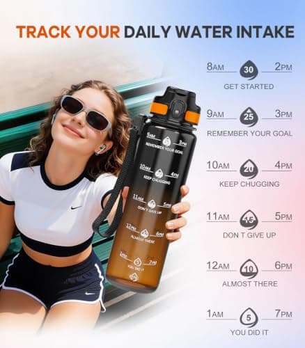 Gylinm 1L Water Bottle Made of BPA-Free Tritan Material, Sports Water Bottle with Removable Straw & Hydration Time Markerings, Ideal for Gym, Travel, Home, School and Outdoor Activities - Black-Orange — view 2