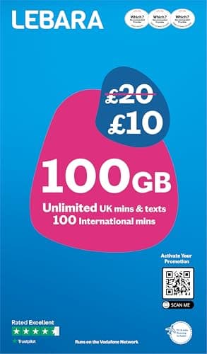 Lebara Mobile SIM Card: 100GB Data SIM Only Plan for £10, Half Price for First 3 Months, No Contract, UK Calls, Texts, International Minutes, EU and India Roaming Included, Fits All Devices