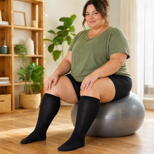Plus Size Compression Socks for Women & Men, Wide Calf Extra Large Calves Knee High Flight Stockings for Pregnancy, Nurses, Seniors (Black, 4XL) — view 5