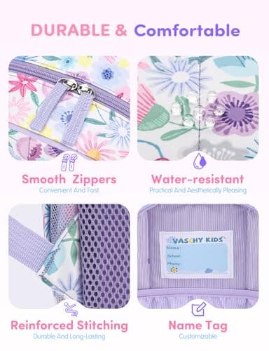 VASCHY Kids Preschool Backpack, Cute Lightweight Quilted School Bag for Girls Ages 4–6 Lavender Floral — view 4