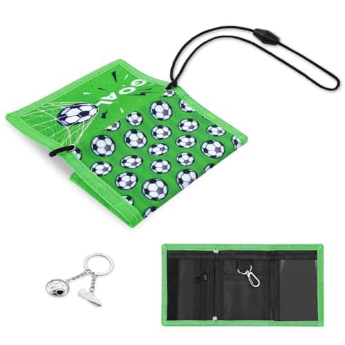 Aucuu Kids Wallet, Cartoon Waterproof Wallet, Trifold Wallets with Football Keychain and Card Slots Lanyard, Travel Document Wallets for Teenagers Boys Girls (Football Green)