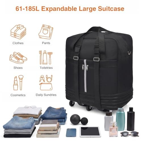 Foldable Rolling Duffel Bag with 6 Wheels, 61-185L Expandable Large Suitcase, Waterproof Collapsible Luggage, Suitcase Collapsible Rolling Travel Duffle Bag for Camping, Holiday, Black — view 2