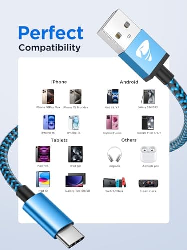 Yosou USB C Charger Cable USB A to USB C Type C Charger Fast Charging 3A Lead Braided for Samsung Galaxy S22 S21 S20,Pixel 8 7 6,PS5,Switch 2M 2Pack Blue — view 5