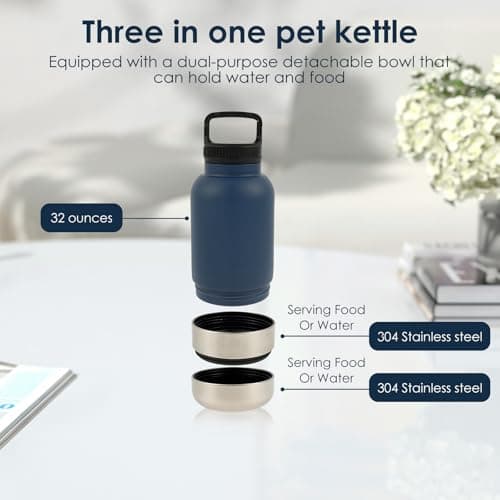 3-in-1 Dog Water Bottle, Stainless Steel Insulated Dog Travel Water Bottle with 2 Detachable Bowl, 32oz Pet Drinking Cup for Walking, Travel, Camping — view 3