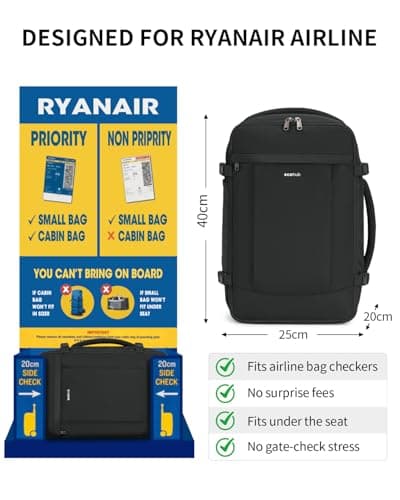 ECOHUB Ryanair Cabin Bags 40x20x25，20L Anti-theft Underseat Carry On Travel Backpack, Recycled Hand Luggage Bag with Laptop Compartment,Flight Rucksack bag for men women, Black (Patent Pending) — view 2