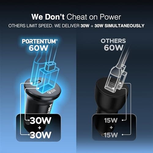 PORTENTUM Car Charger Adapter 60W + 60 W USB-C Cable included – Dual and simultaneous – USBC PD 30W + USBA QC 30W – Cigarette Lighter USB Charging for iPhone iPad Android Tablet Smartphone — view 2