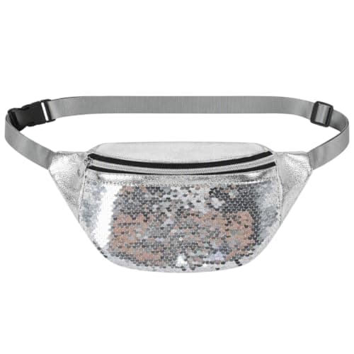 Vosali Shiny Silver Glitter Waist Bag,Sparkly Sequin Fanny Pack for Women