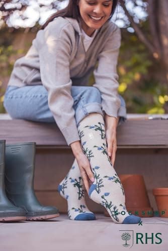 HEAT HOLDERS RHS The Royal Horticultural Society Women's Thermal Socks x RHS 1.6 TOG, Warm, Wellington Boot Socks, Fruit, Floral & Botanical Patterned, Gift, 1 Pair Size 4-8 Butterflies Denim 4-8 — view 3