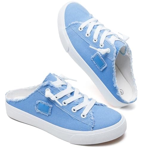 BENPAO Women's Mules Slip on Sneakers White Canvas Shoes Loafers, Denim Blue, 5 UK