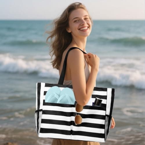 flintronic Extra Large Lightweight Beach Bag, Waterproof Beach Tote Bag with Zip, Foldable Shoulder Bag for Women, Reusable Shopping Bag, for Beach Travel Holiday Swimming Picnic — view 2