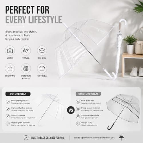 2 Pcs White Clear Bubble Umbrella Transparent Dome Rain Umbrella Windproof See Through Canopy Fiberglass Frame Large Coverage Wedding Photography Prom Graduation Outdoor Events Travel Men Women, White — view 6