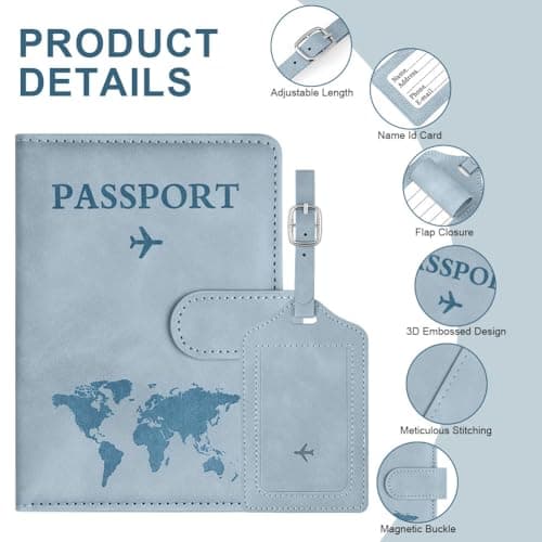 OFFCUP Passport Holder Cover, PU Leather Passport Cover and Luggage Tag Set with RFID Blocking Travel Wallet, Universal Travel Wallet Case Organiser for Money, Boarding Passes, Credit Cards Sky Blue — view 3
