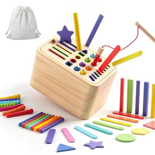 KASURE Montessori Wooden Toddler Travel Toys for 3+ Year Old Boys Girls, 5 In 1 Color Montessori Toys Educational Stocking Fillers Color Sorting Wooden Learning Toys for Boys Girls