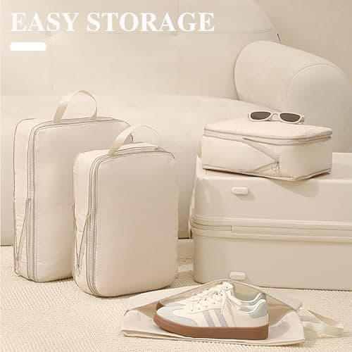 Lxoraziy Set of 4 Compression Packing Cubes, Ultra Lightweight Expandable Compression Storage Cubes, Lightweight Packing Organizers as Travel Accessories(Beige) — view 4