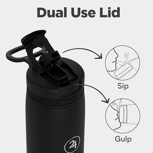 Fuel24 Duo - Stainless Steel Water Bottle 700ml or 1L - Vacuum Insulated Metal Flask with Straw (Dual use Lid) 1 Litre - for Sports, Gym, Work – Slim Design (Carbon, 700 ml) — view 2
