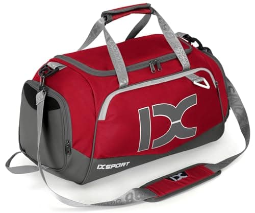 INOXTO Large Foldable Sports Gym Bag with Wet and Dry Pockets and Shoe Compartment for Men and Women, Weekend Overnight Camping Travel Duffel Bag (red with White, Standard)