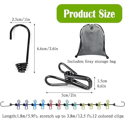 Travel Washing Line, Portable Clothesline Outdoor with 12 Clips Elastic Clothesline for Indoor Outdoor Balcony Travel Camping (Multicolour) — view 2
