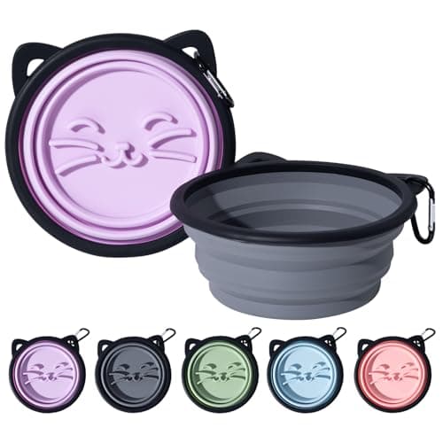 SLSON Silicone Collapsible Dog Bowl, 2 Pack Portable Dog Travel Bowl, Cute Cat Pattern Pet Feeding Bowl 750ml Large Foldable Food & Water Bowl with Carabiner (Purple+Grey)