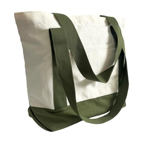 Augbunny Canvas Large Capacity Color Block Zipper Pocket Reusable Shopping Grocery Multi-Purpose Beach Tote Bag