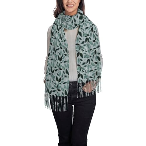 Mint Gray Leaf Print Women Men Fringe Scarf Fashion Accessory For Winter Fall Spring Travel Holiday Wear — view 2