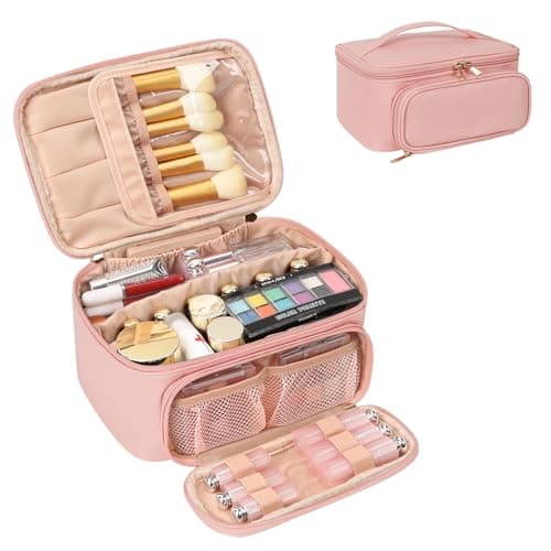 Large Makeup Bag Travel Cosmetic Bag with Makeup Brushes Compartment Pink