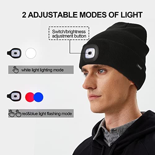 TAGVO USB Rechargeable LED Beanie Cap, Lighting and Flashing Alarm Modes 8 LED Hands Free Flashlight, Easy Install Quick Release Headlamp Beanie, Unisex Winter Warmer Knit Cap Hat - Black — view 4