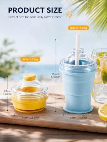 Collapsible Cup Silicone Folding Ice Hockey Cup 2 in 1 Ice Ball Maker with Straw Portable Foldable Leakproof Travel Tumbler for Coffee Camping Office Home (Yellow) — view 2