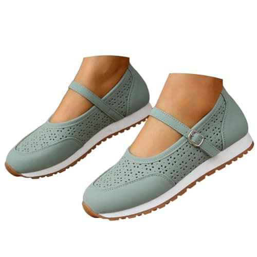 Women's Vintage Perforated Mary Jane Sneakers Chic Buckle Loafers Breathable Walking Shoes for Travel and Weekend Trips Light Green