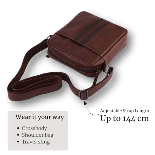 WASAMA Full‑Grain Leather Messenger Bag for Men, Crossbody Shoulder Sling Bag for Travel & Commute, 3 Zippered Pockets, Adjustable Strap (Medium) — view 4
