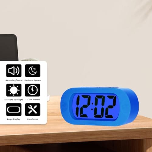 LCD Digital Alarm Clock Large Display – Battery Operated – 12-Hour Format, 8-Min Snooze, 5-Sec Backlight, Ascending Alarm, Soft Silicone Case – Easy Setup (Navy Blue) — view 3
