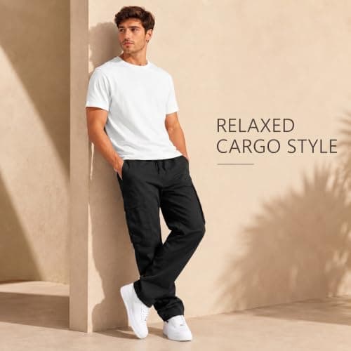 Fjquamitix Mens Cargo Trousers, Cargo Trousers for Men with Drawstring Waistband, Multi-Pocket Design, Outdoor Work Pants for Men Black — view 3