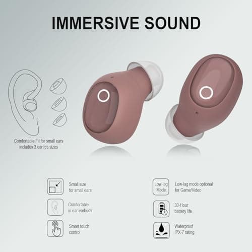 Wireless Earbuds for Small Ear Canals Mini Size, Cute Bluetooth Ear Buds for Women Girls with 2 Noise Reduction Mic for Clear Calls, Small Wireless Earphones with Immersive Premium Sound(Antique Rose) — view 3