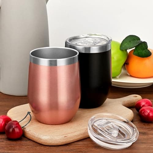 Joymaking 12oz Reusable Coffee Cup, 2 Pack Double Walled -Insulated Travel Mug Vacuum Stainless Steel Wine Tumbler with Spill Proof Lid, Great for Coffee, Tea, Milk and Wine, Black Rose Gold — view 3