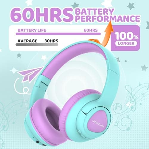 VibeTune Kids Bluetooth Headphones, 60H Playtime, Volume Limited 85/94dB, Bluetooth 5.4, Type-C Fast Charging, Foldable Wireless Headphones for Kids, Toddler Headsets with HD Mic (Purple) — view 2