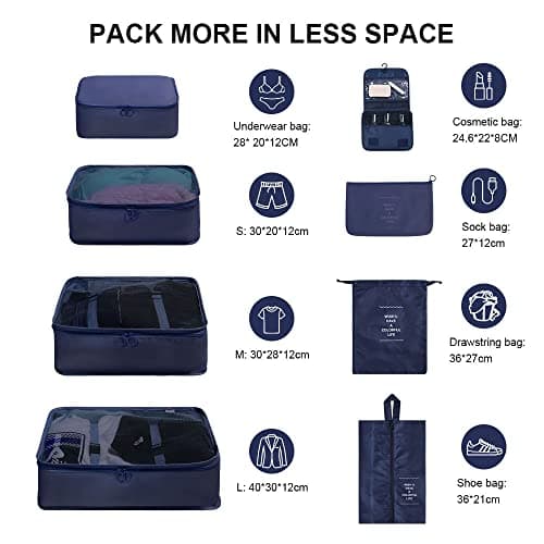 OSDUE Packing Cubes for Suitcases, 8 PCS Travel Luggage Packing Organizers Waterproof Travel Essentials Bag Accessories, Clothes Shoes Cosmetics Toiletries Storage Bags, Navy Blue — view 2