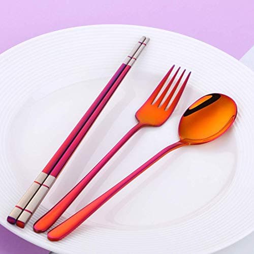 SBOMHS Stainless Steel Portable Travel 3-Piece Cutlery Set with Case Fork Spoon Chopsticks for 1 Camping Flatware for School Picnic Utensils Brown Red — view 3